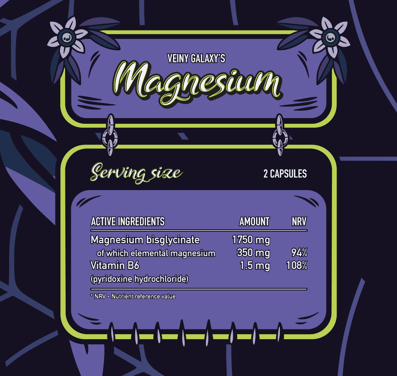 Magnesium Bisglycinate + B6 – 60 Capsule – Veiny Galaxy