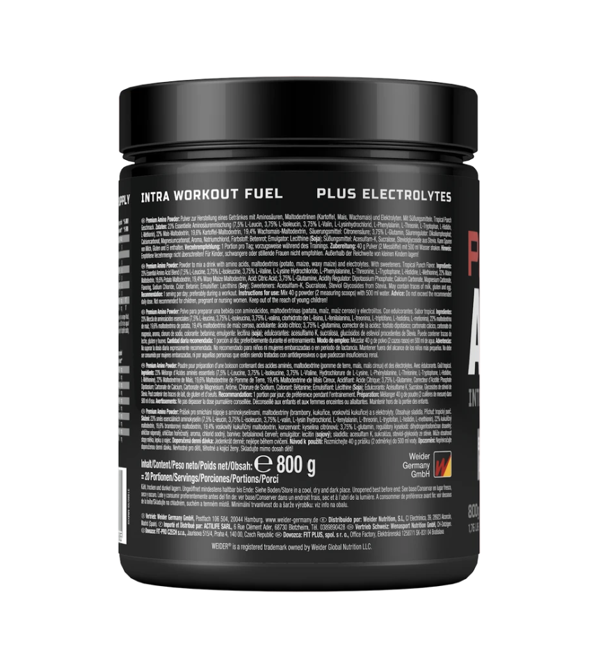 Weider Premium Amino Powder 800 g, eticheta cu informații despre produs