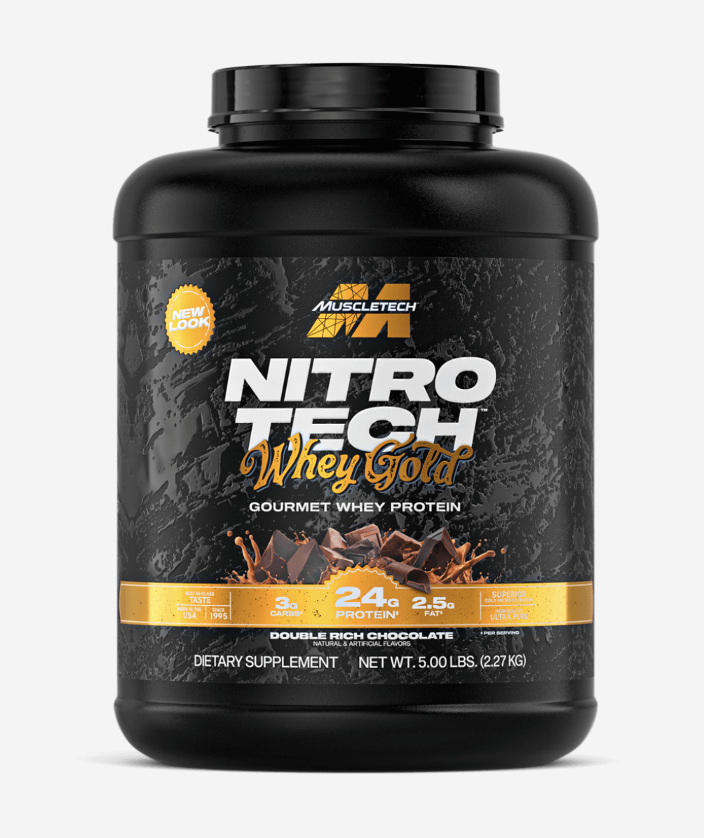 MuscleTech Nitro Tech Whey Gold 2,27 kg Double Rich Chocolate – fața ambalajului