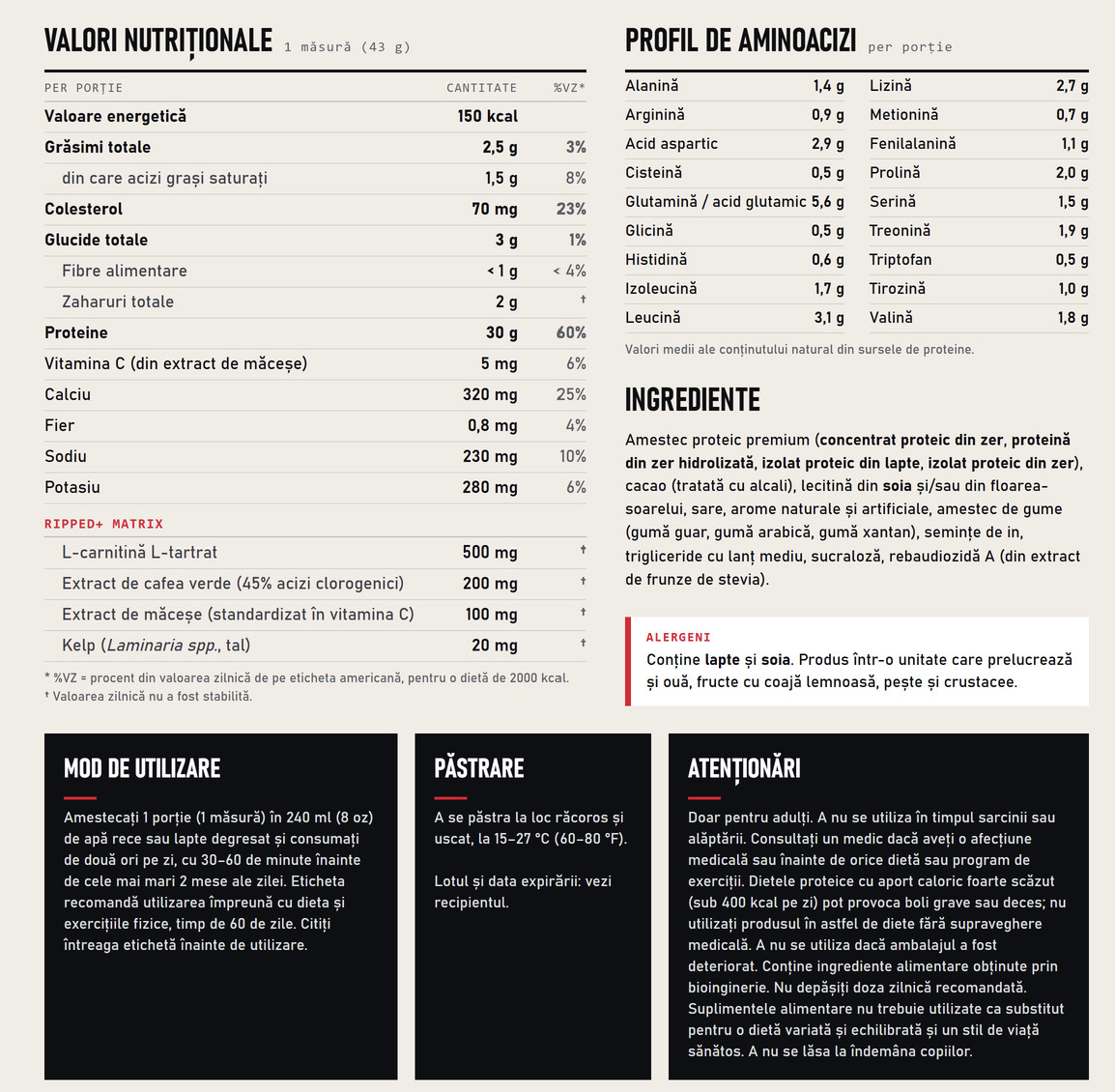 Etichetă în română Nitro-Tech Ripped Chocolate Fudge Brownie: valori nutriționale, ingrediente și utilizare