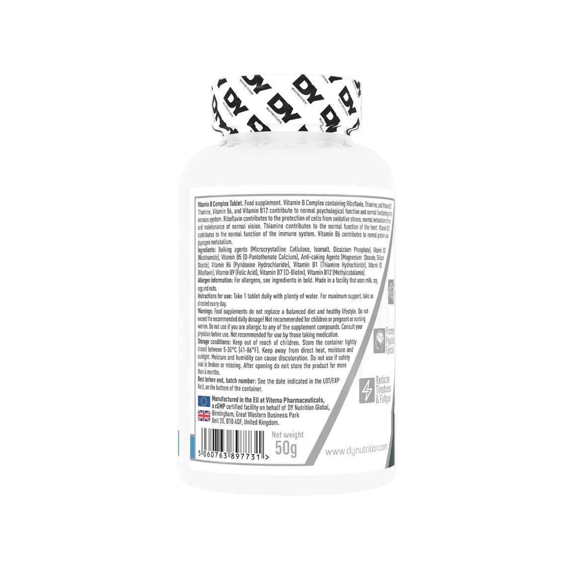 Vitamina B Complex DY Nutrition, ingrediente și instrucțiuni pe etichetă