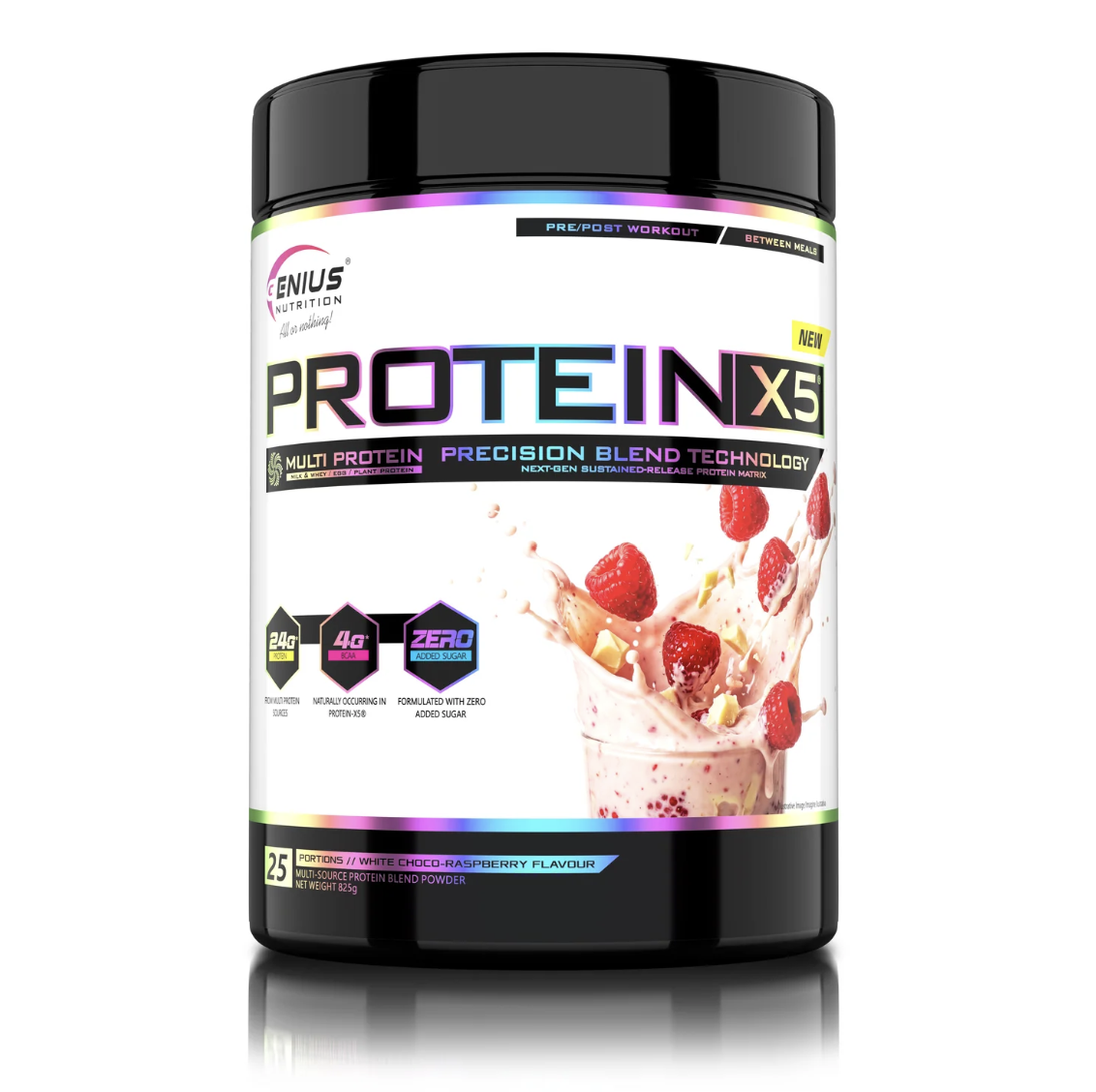 Genius Nutrition Protein X5 825g - Ciocolata Alba si Zmeura