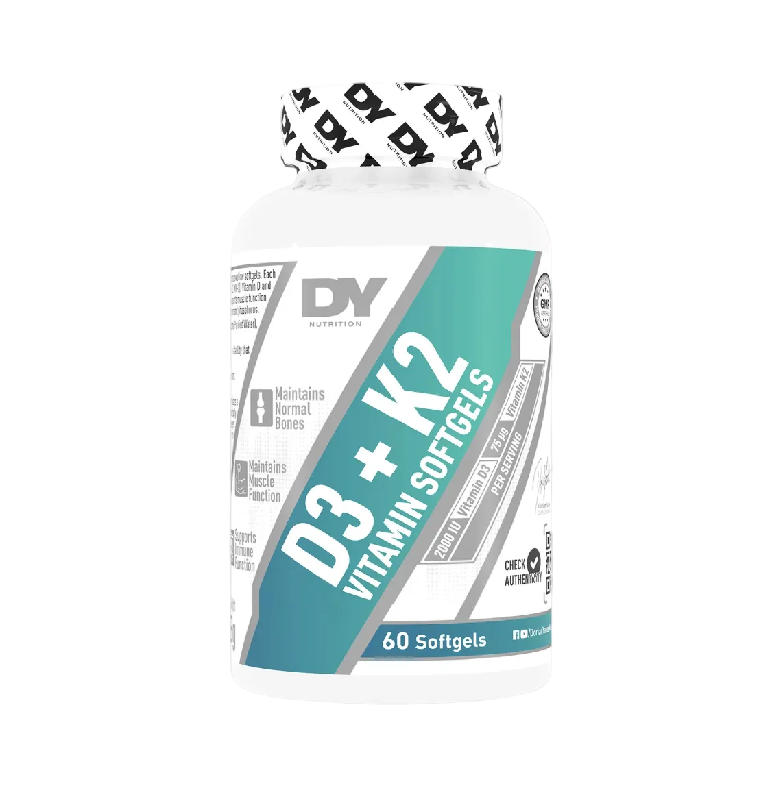 DY Nutrition Vitamina D3 + K2, 60 softgeluri – fața ambalajului