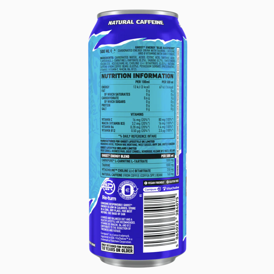 Ghost Energy Blue Raspberry valori nutritionale 500ml