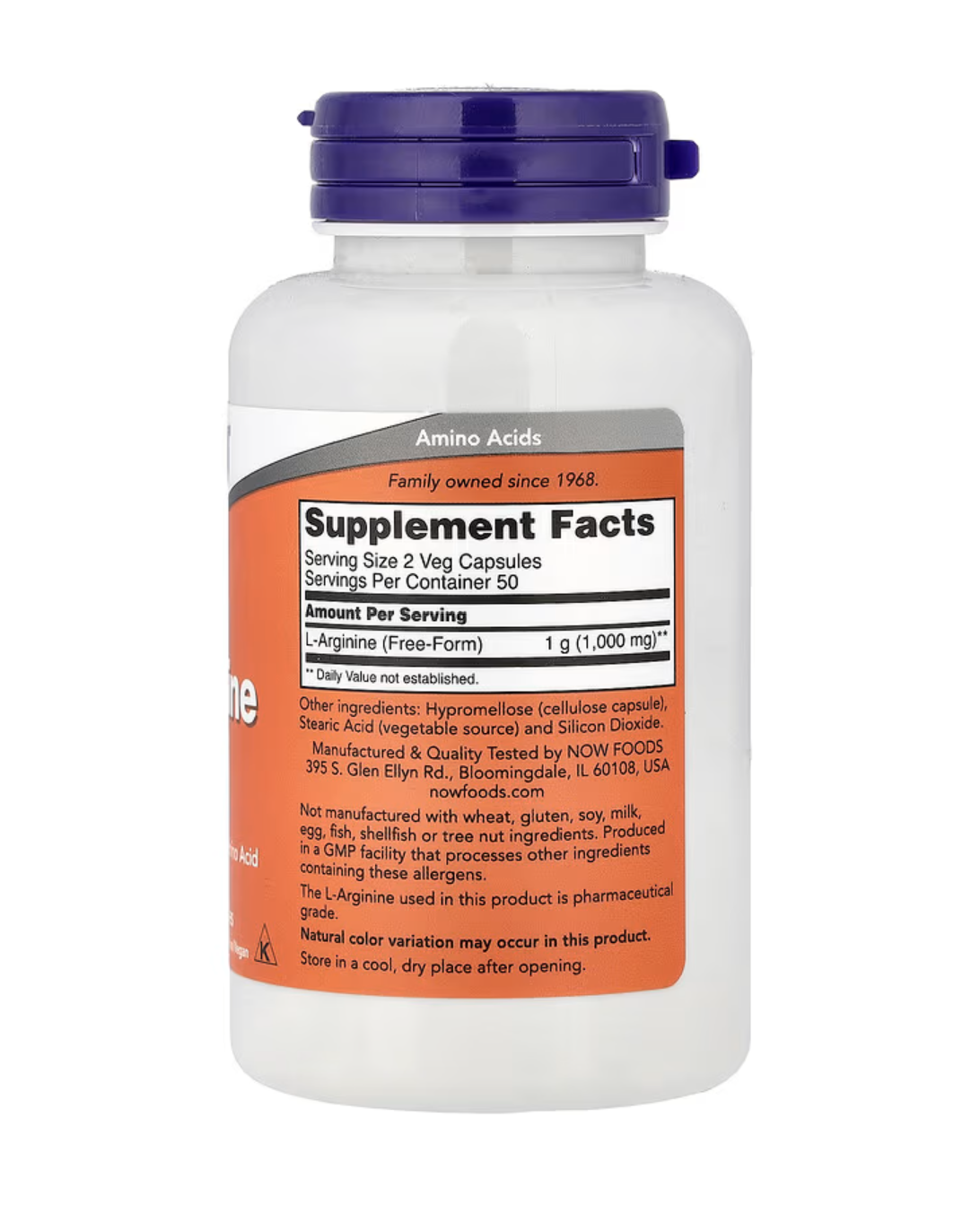 NOW Foods L-Arginine 500mg 100 capsule vegetale - supplement facts