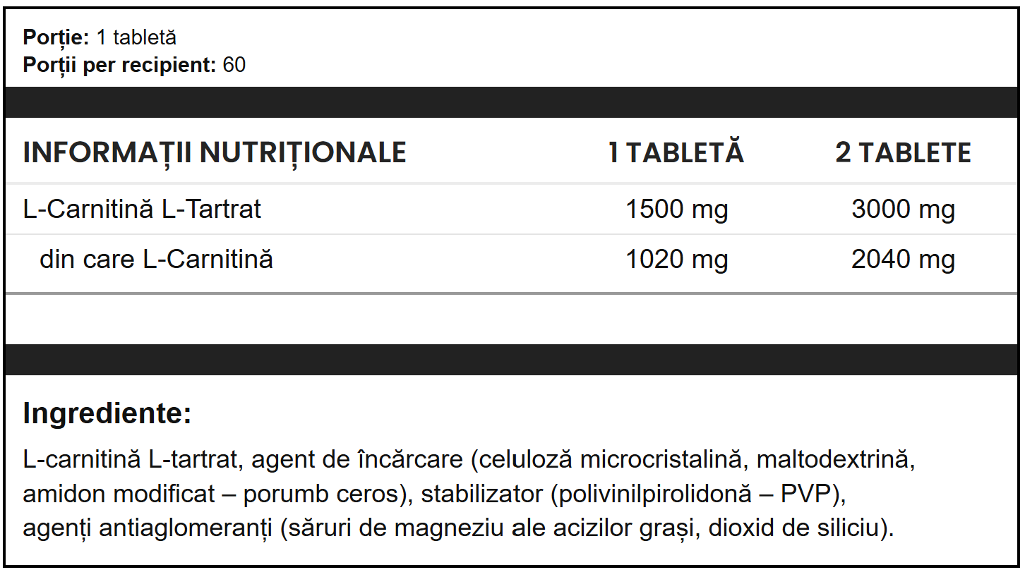 Benefit L-Carnitina 1500mg valori nutritionale ingrediente