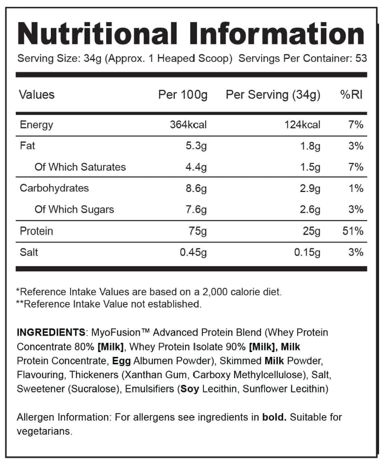 Tabel nutrițional și ingrediente MyoFusion Advanced Protein, ciocolată