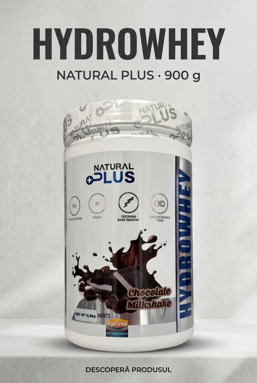 Natural Plus HydroWhey 900g, promo-card gri beton deschis